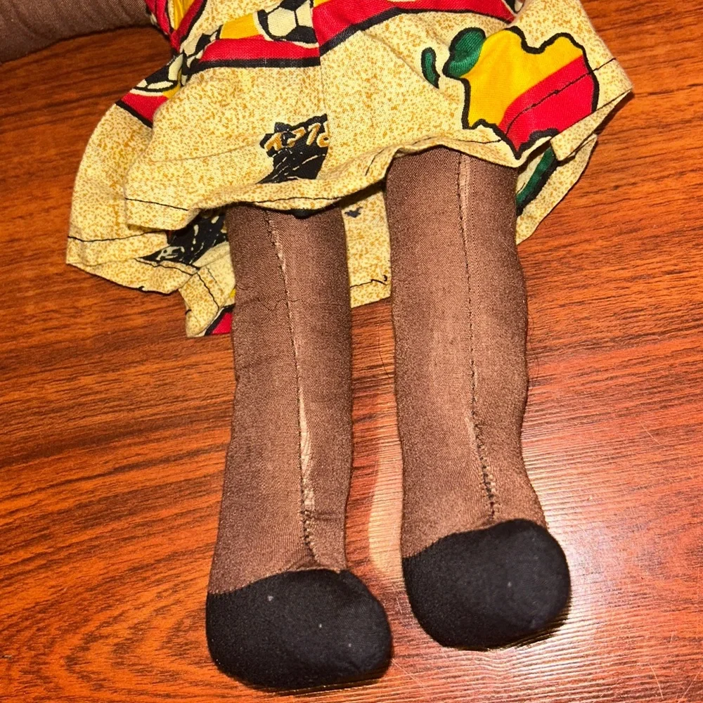 Handmade African Black Rag Doll w/Braids & Beads wearing a Bob Marley Dress 13”